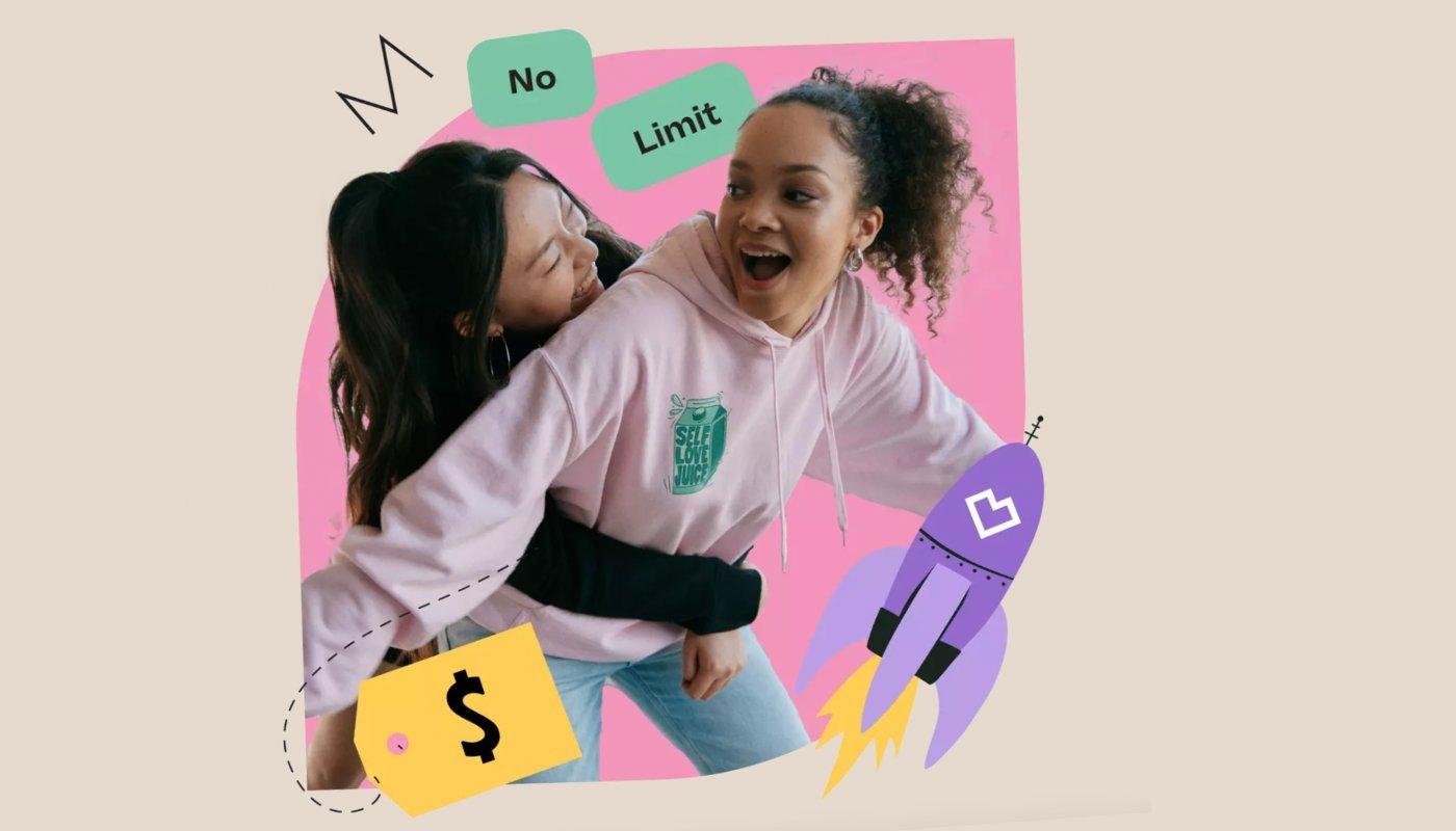 two friends having fun wearing merch